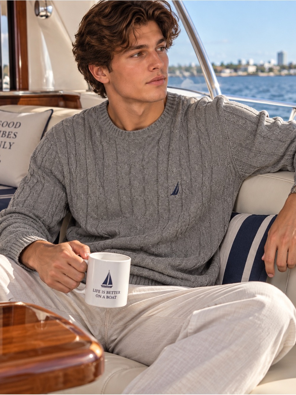 Nautica Men's XL Gray Cable Knit Cotton Sweater